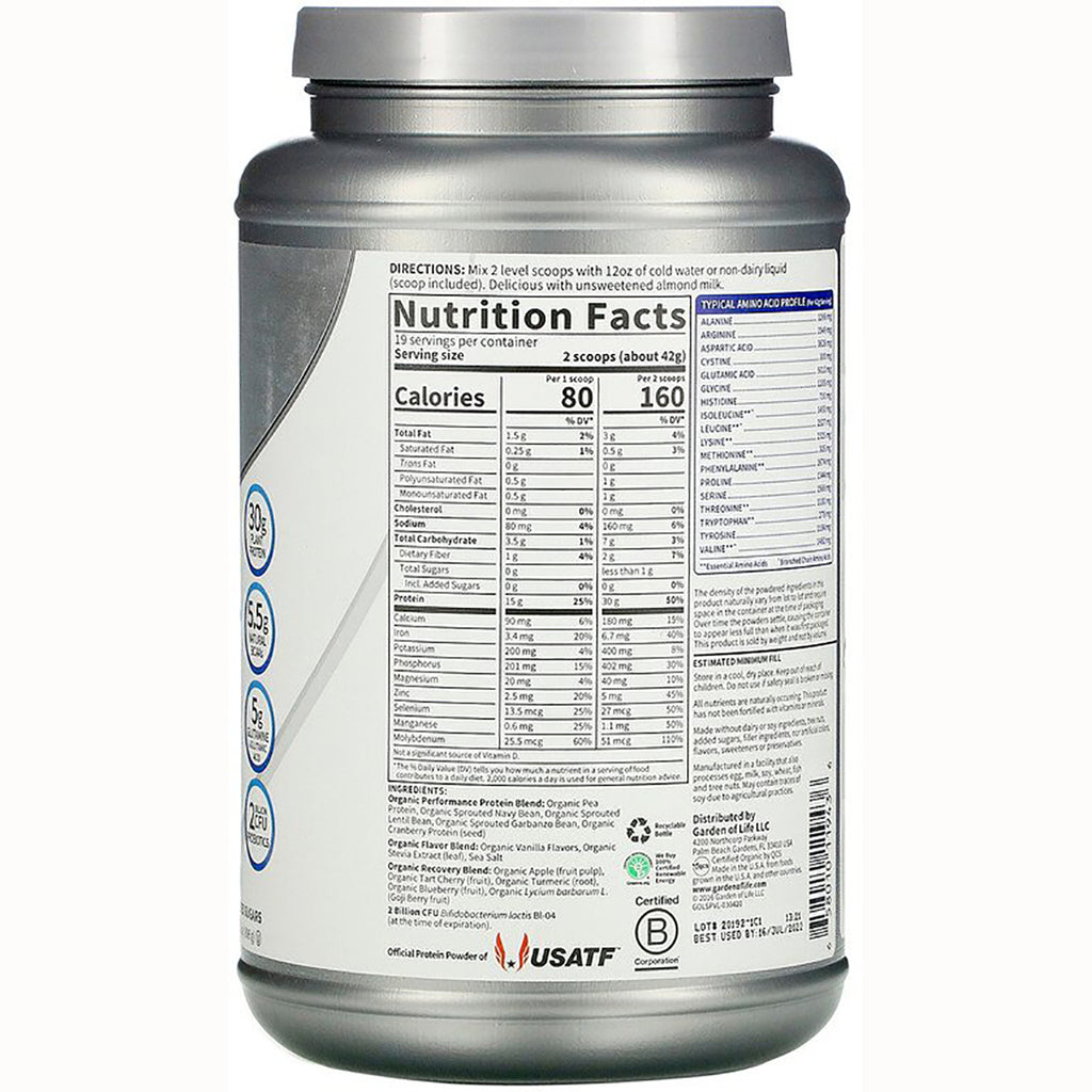 GLF241 | Back of silver protein powder tub showing Nutrition Facts panel, ingredients and barcode - Thumbnail