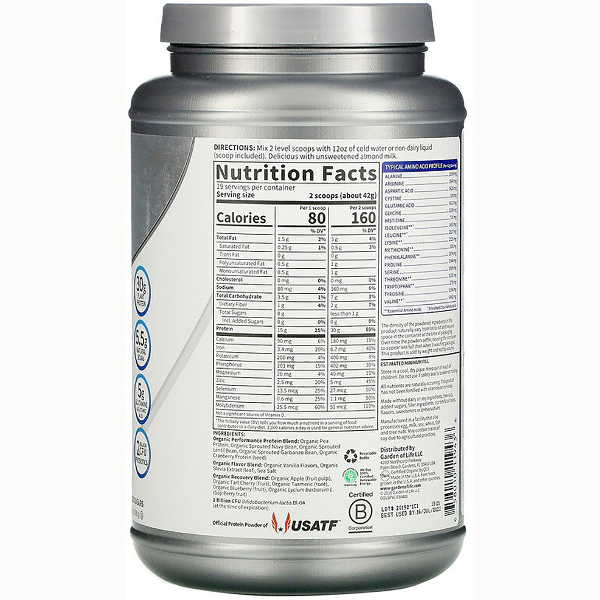GLF241 | Back of silver protein powder tub showing Nutrition Facts panel, ingredients and barcode