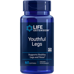 LE475 | Blue Life Extension Youthful Legs bottle, 60 softgels dietary supplement label supports healthy legs and veins