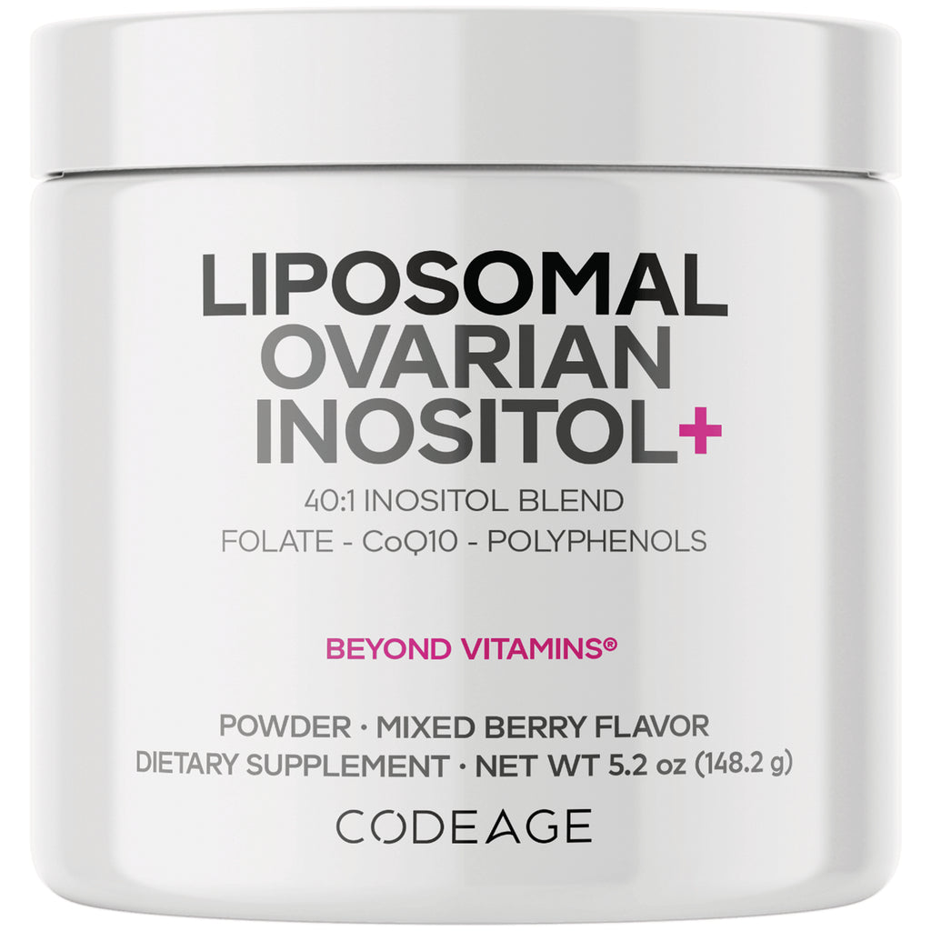 White Codeage supplement jar labeled LIPOSOMAL OVARIAN INOSITOL+ powder mixed berry flavor - Thumbnail
