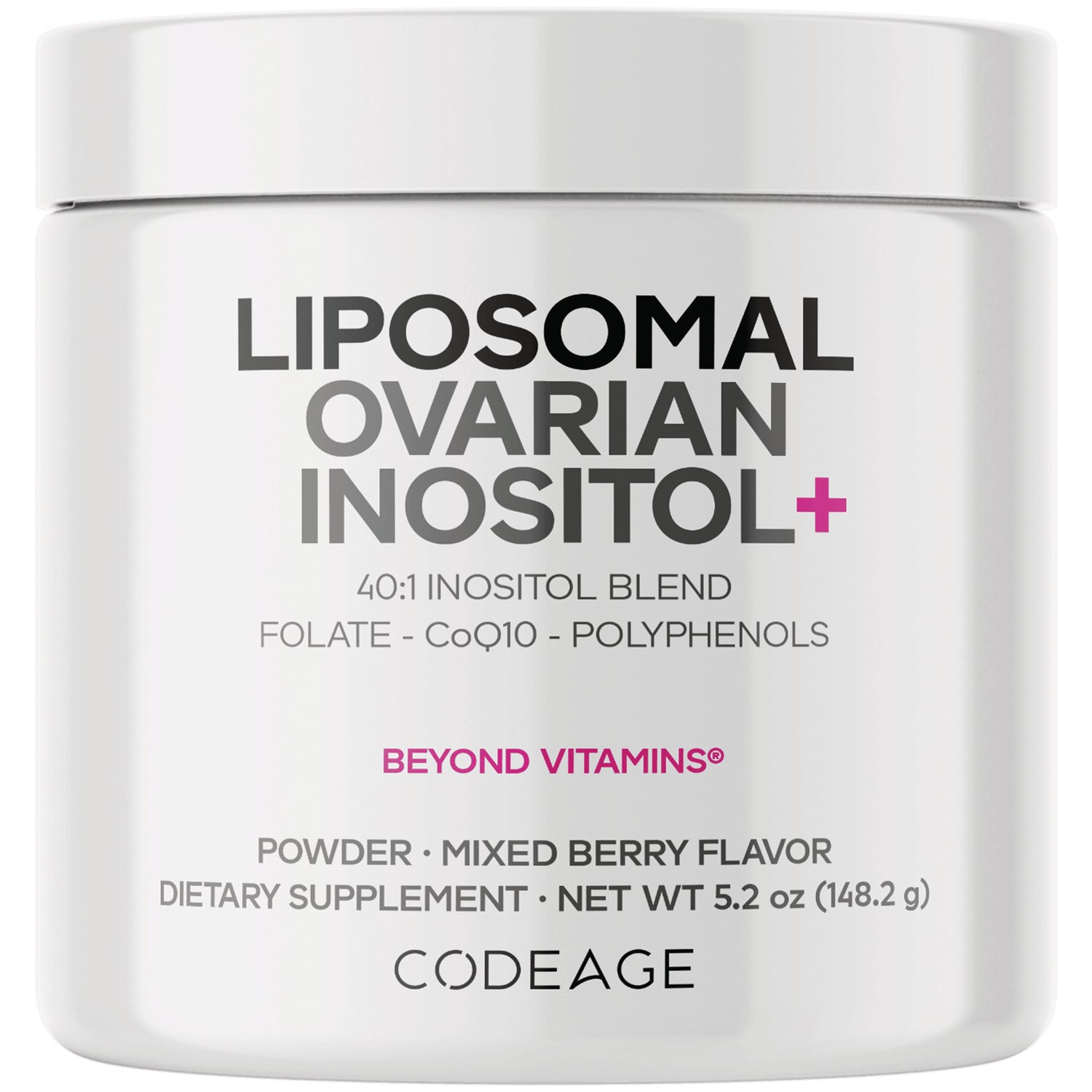 White Codeage supplement jar labeled LIPOSOMAL OVARIAN INOSITOL+ powder mixed berry flavor