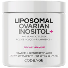 White Codeage supplement jar labeled LIPOSOMAL OVARIAN INOSITOL+ powder mixed berry flavor