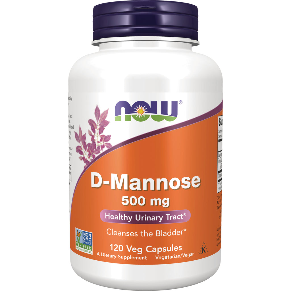 NWF742 | White bottle of NOW D-Mannose 500 mg supplement with orange label, 120 veg capsules - Thumbnail