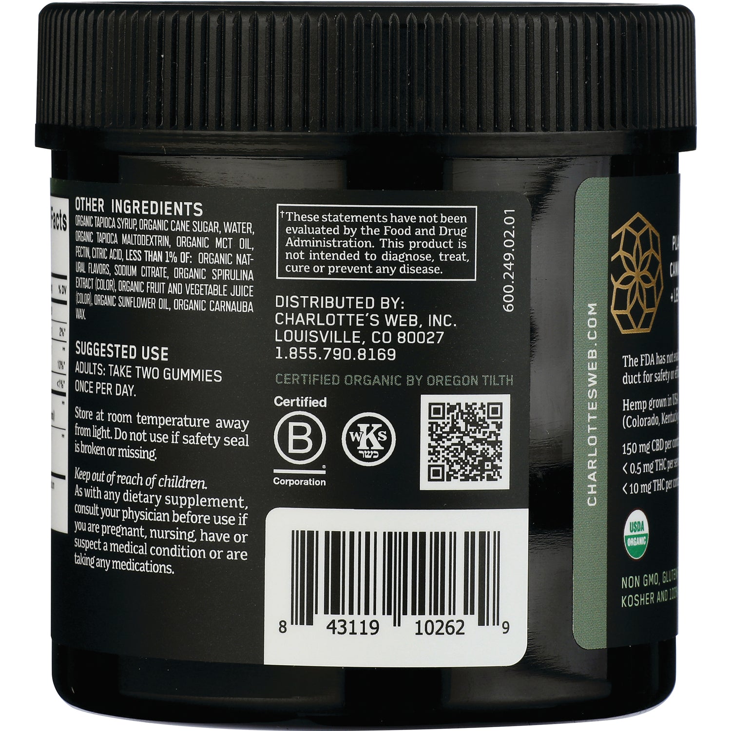 CHW031 | Back label showing ingredients, suggested use, distributor info, QR code and barcode on black jar