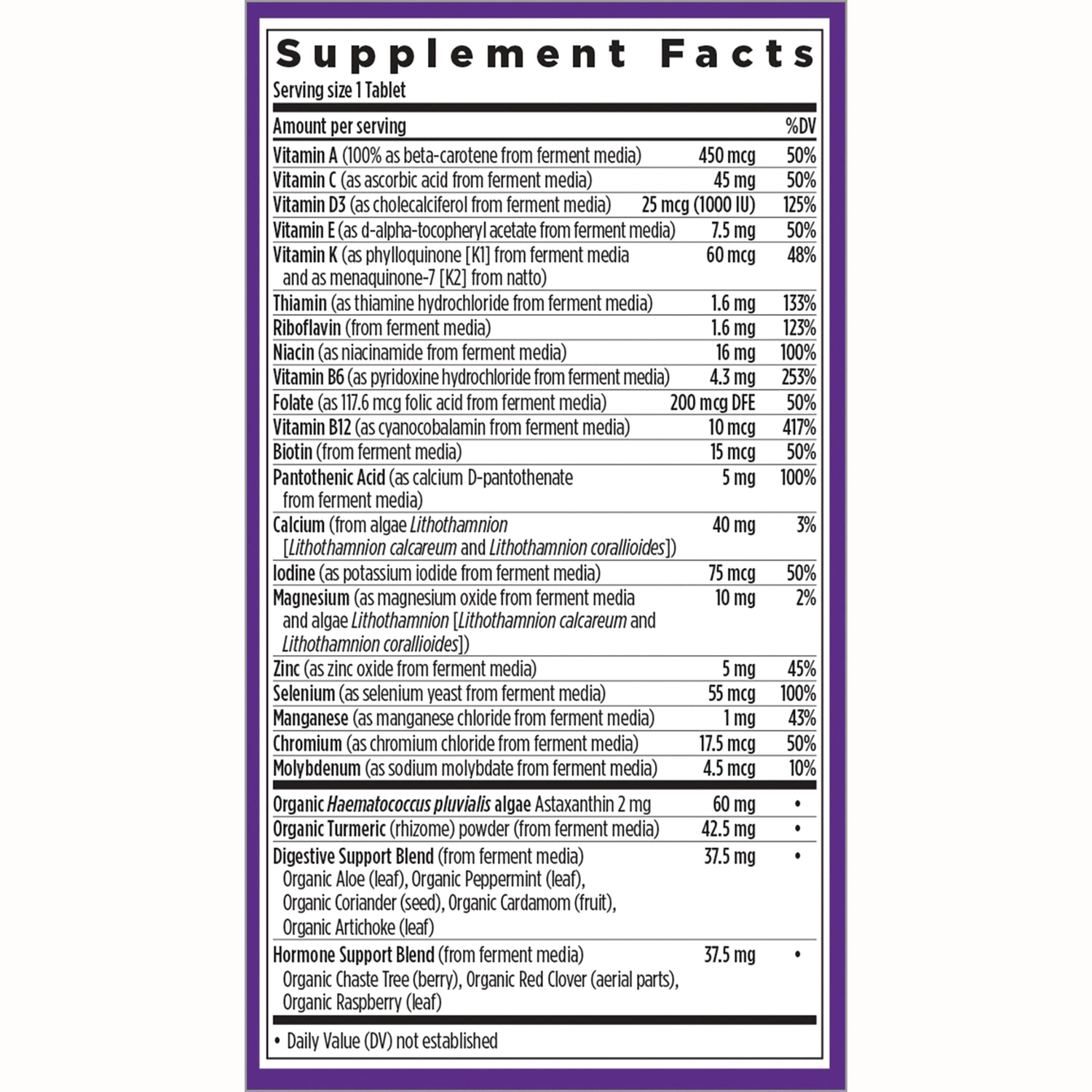 NWC318 | Supplement Facts panel listing vitamins, minerals, blends, and daily values on back label