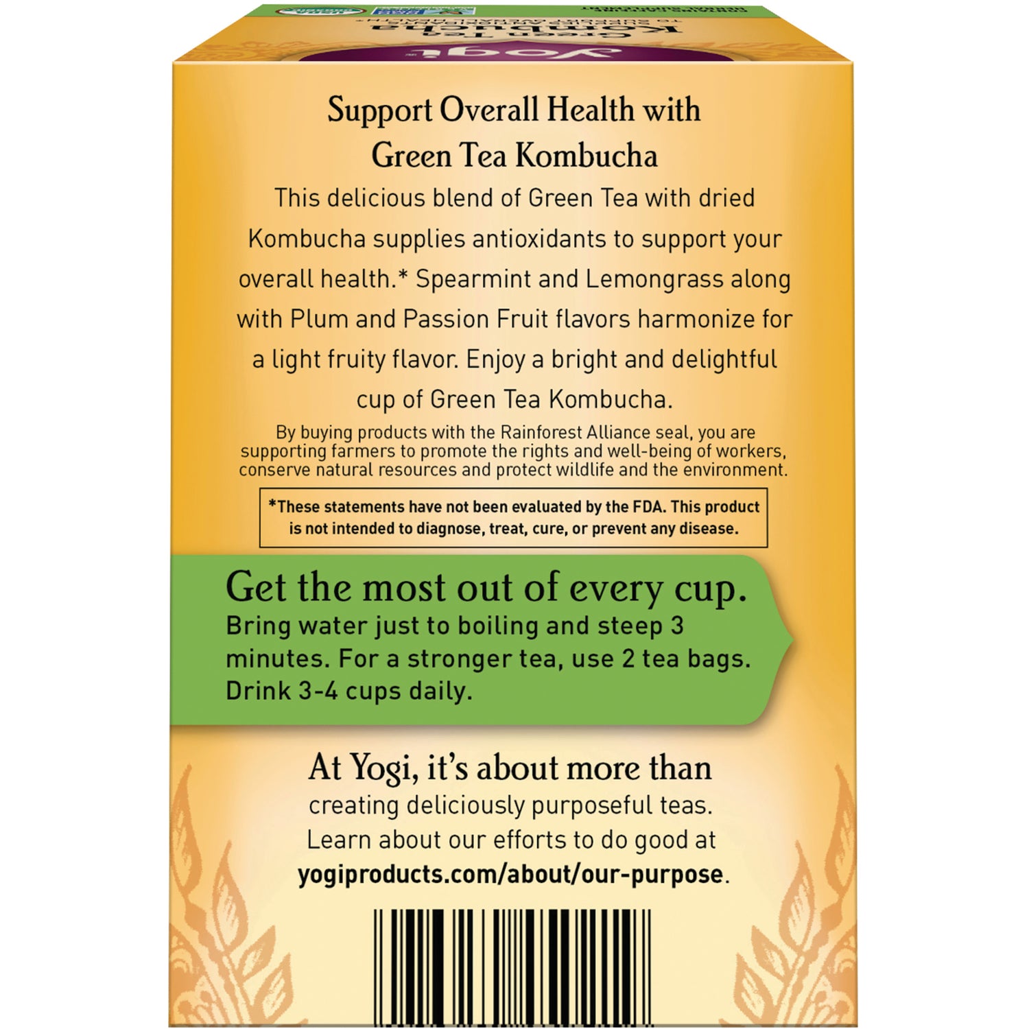 AHW002 | Yogi Green Tea Kombucha tea box back with brewing directions and product information