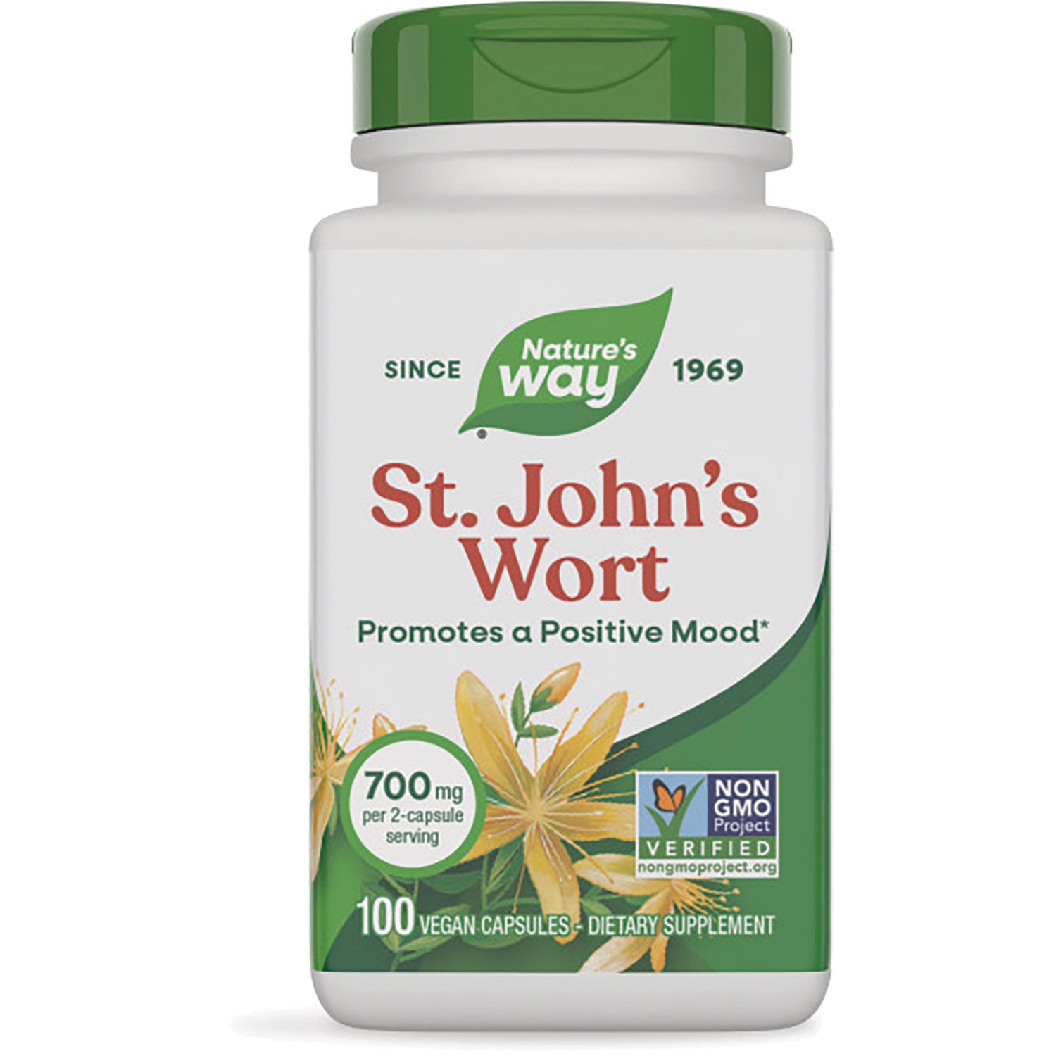 NW283 | Nature's Way St. John's Wort supplement bottle, 700 mg per 2-capsule serving, 100 vegan capsules, Non-GMO Verified