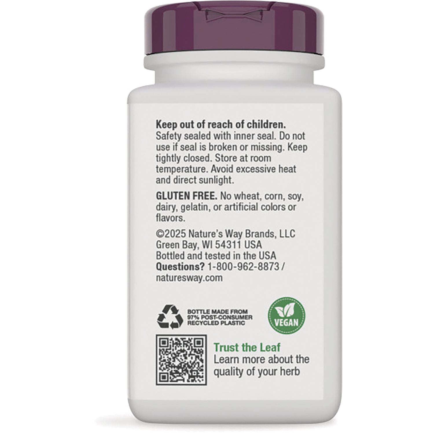NW521 | Back label of white supplement bottle with safety instructions, gluten free and vegan icons, QR code