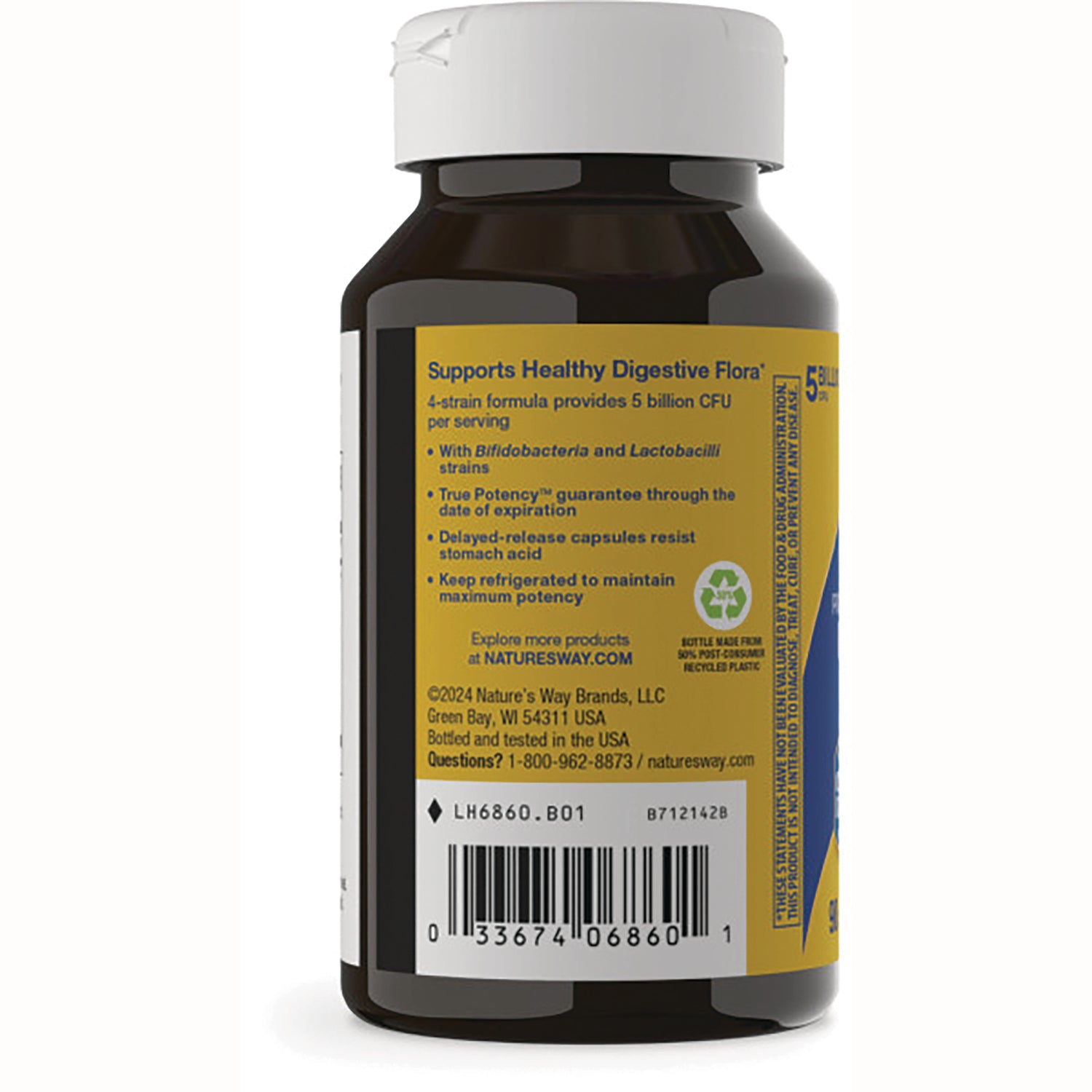 NW056 | Back label of brown supplement bottle showing digestive flora benefits, barcode and recycling symbol
