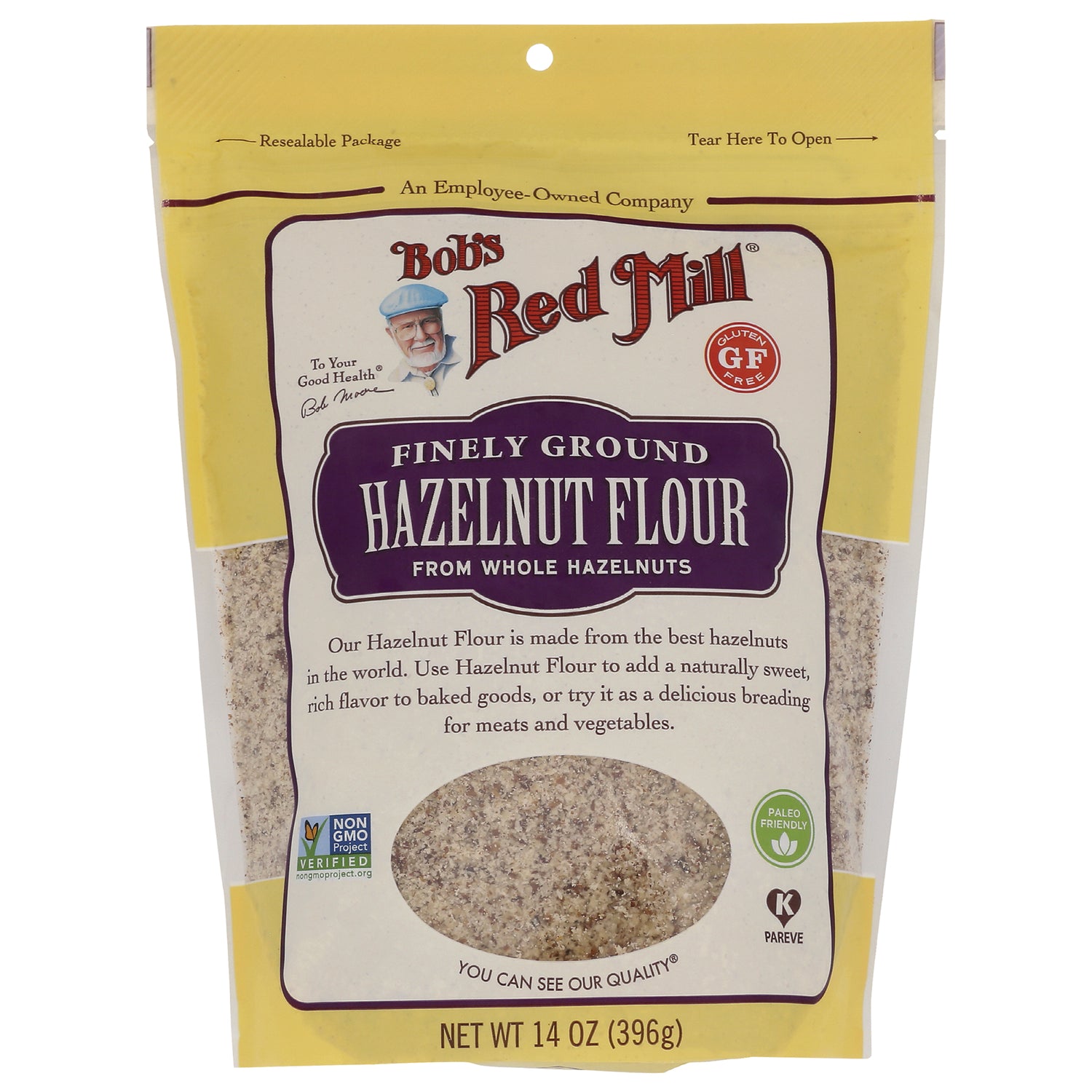 BOB274 | Bob's Red Mill finely ground hazelnut flour pouch with clear window, NET WT 14 OZ (396g)