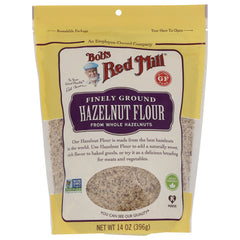 BOB274 | Bob's Red Mill finely ground hazelnut flour pouch with clear window, NET WT 14 OZ (396g)