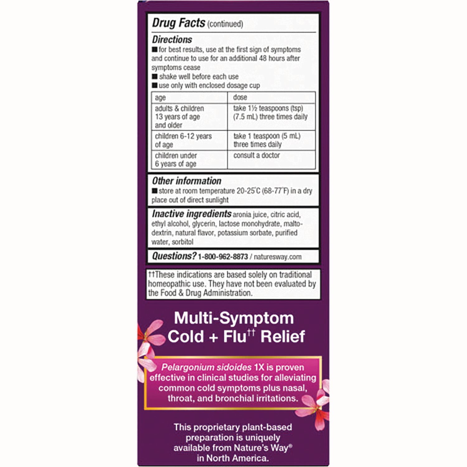 NW648 | back panel showing Drug Facts, dosing table, inactive ingredients, and Multi-Symptom Cold + Flu Relief branding
