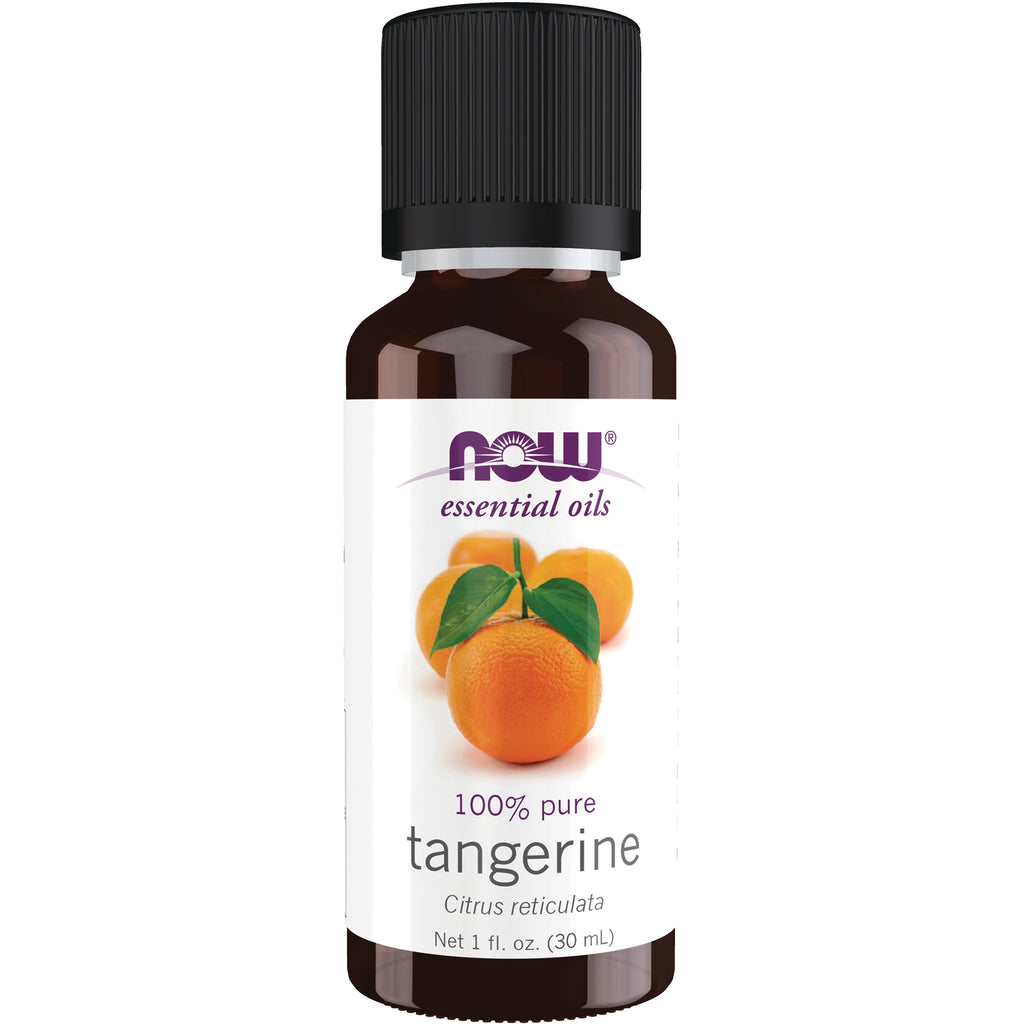 NWF638 | Brown glass bottle labeled NOW essential oils 100% pure tangerine with orange illustration, 1 fl oz - Thumbnail