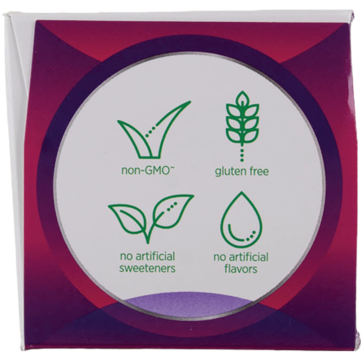 CEN033 | product infographic with icons and text: non-GMO, gluten free, no artificial sweeteners, no artificial flavors