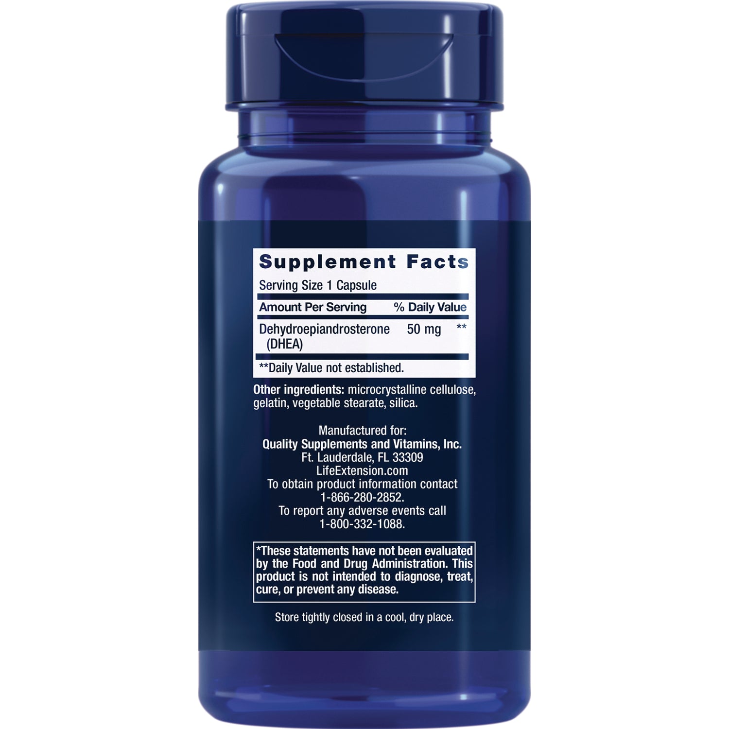 LE133 | Back label showing Supplement Facts for DHEA 50 mg, serving size 1 capsule, other ingredients and manufacturer contact