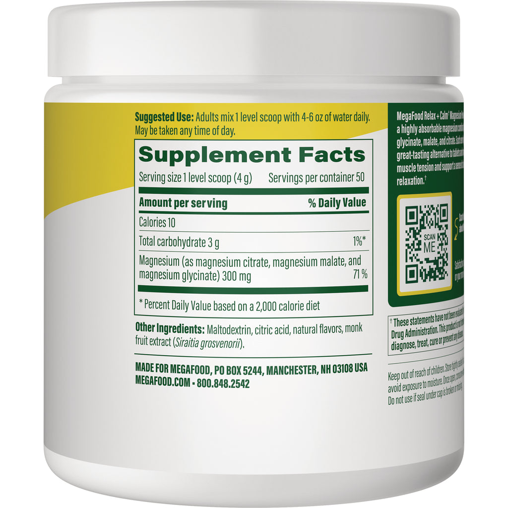 MGF130 | Back label showing Supplement Facts panel, serving size 1 level scoop (4 g), magnesium 300 mg and other ingredients - Thumbnail