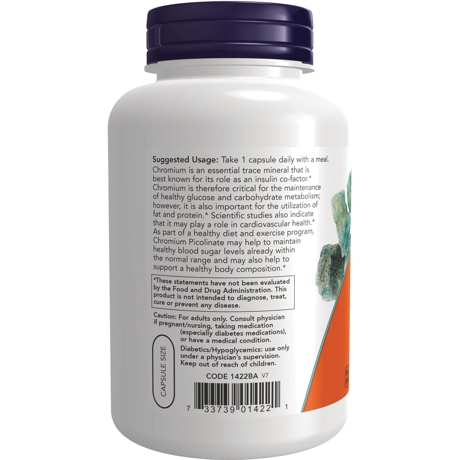 NWF297 | Back of white supplement bottle showing suggested usage text, caution box and barcode