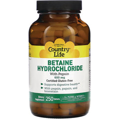 CRL187 | Amber bottle of Country Life Betaine Hydrochloride with pepsin 600 mg, 250 tablets dietary supplement