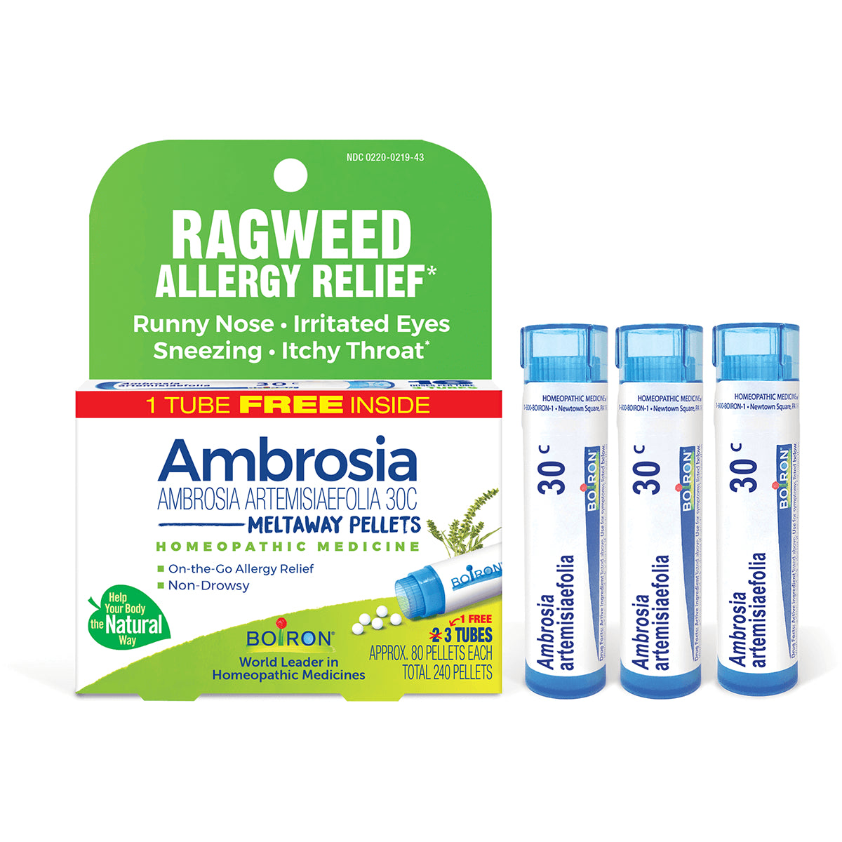 BRN121 | Ambrosia ragweed allergy relief meltaway pellets box with three blue tubes, homeopathic 30C