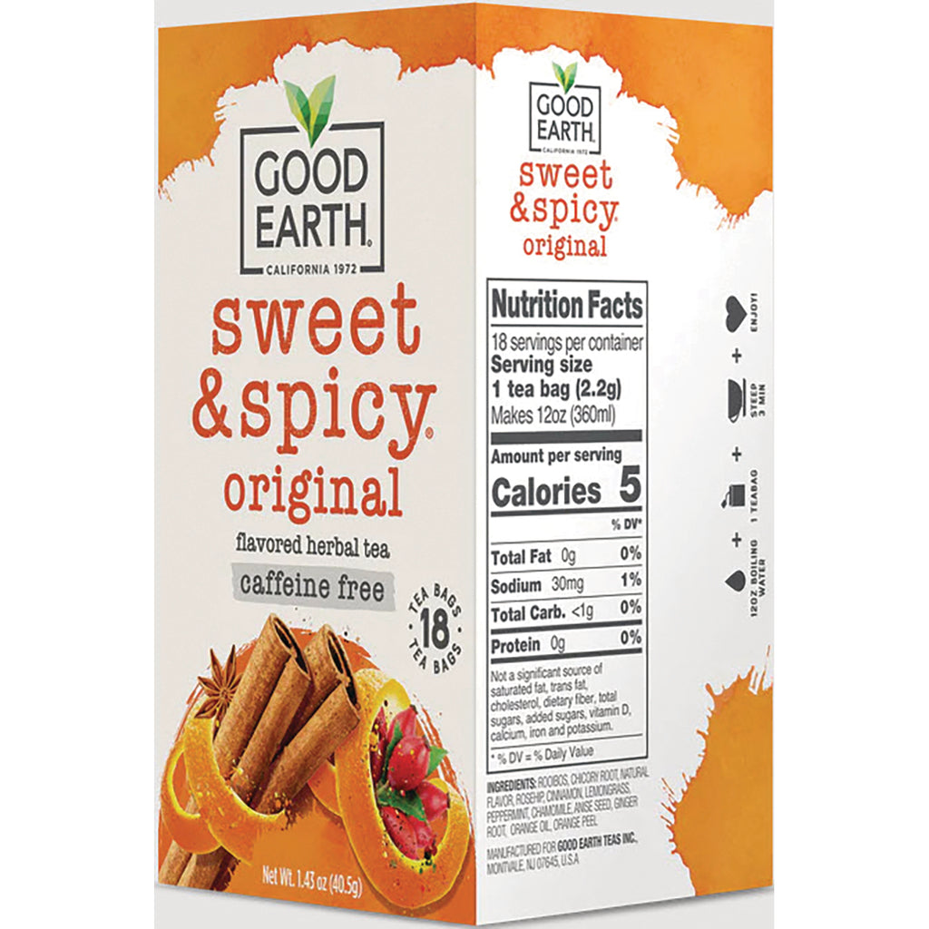 GET007 | Good Earth Sweet & Spicy original tea box back showing nutrition facts, caffeine free label and 18 tea bags - Thumbnail