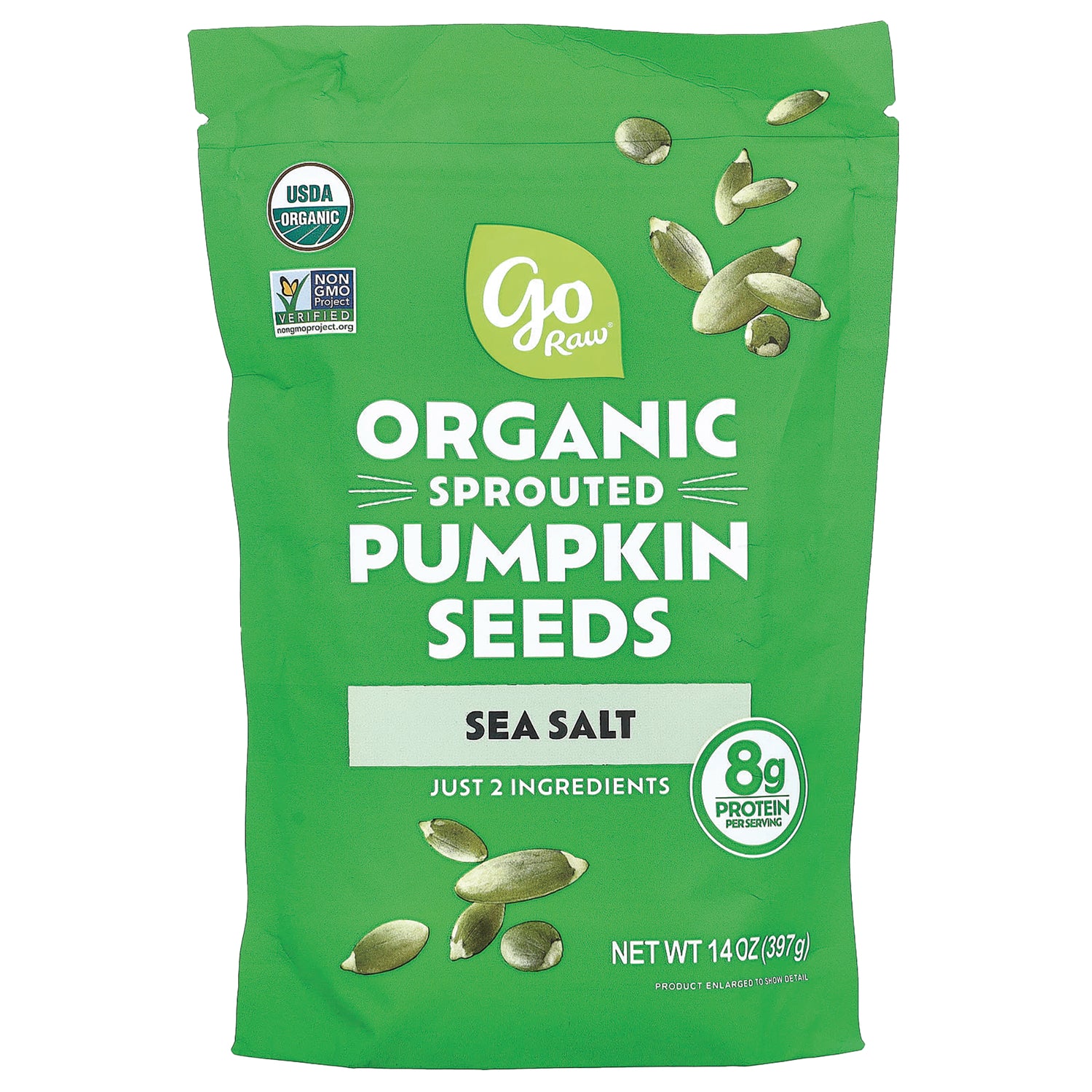 GOR002 | Go Raw organic sprouted pumpkin seeds sea salt pouch showing SEA SALT label and 8g protein badge