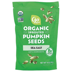 GOR002 | Go Raw organic sprouted pumpkin seeds sea salt pouch showing SEA SALT label and 8g protein badge