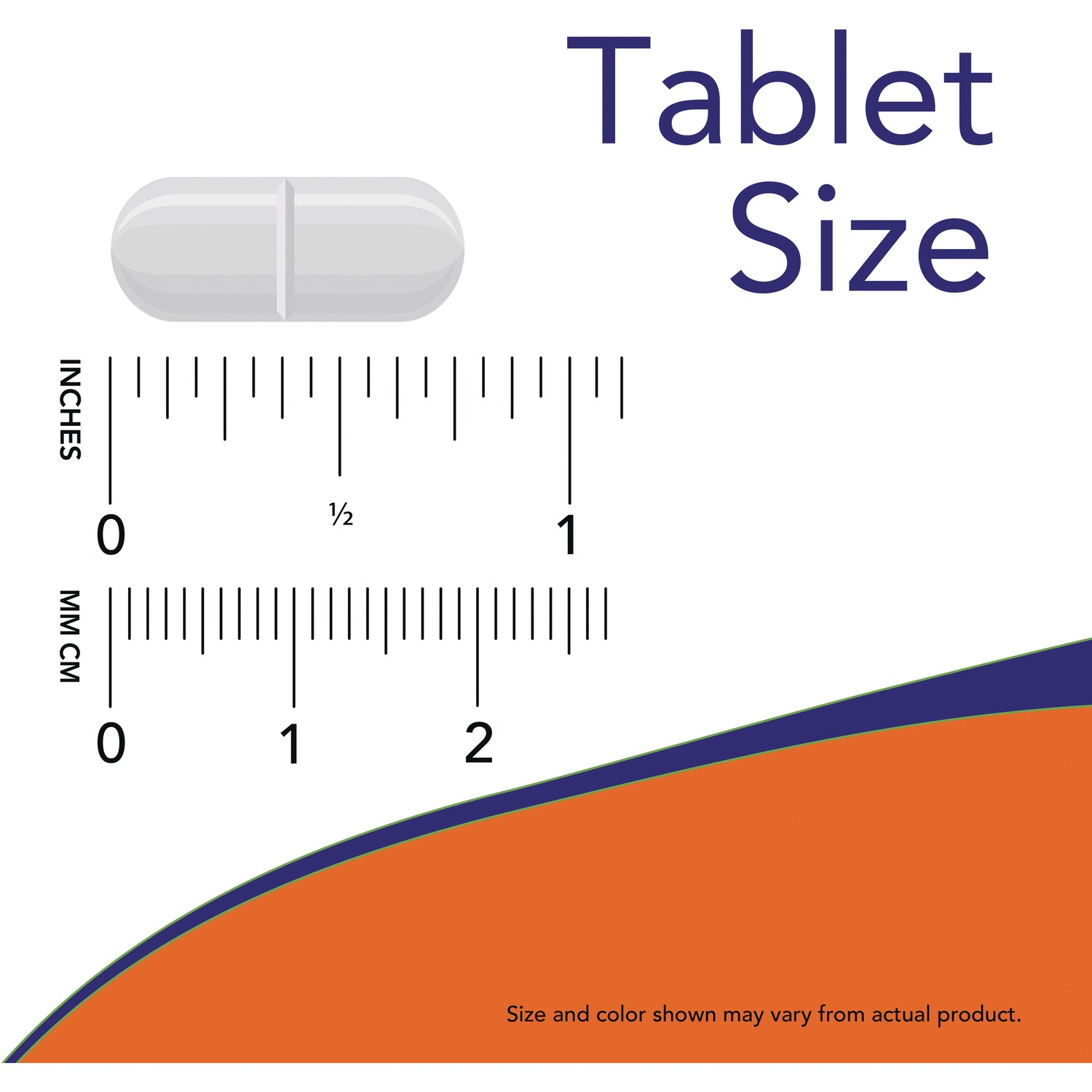 NWF857 | tablet size guide showing scored white oblong tablet above inch and cm rulers labeled Tablet Size