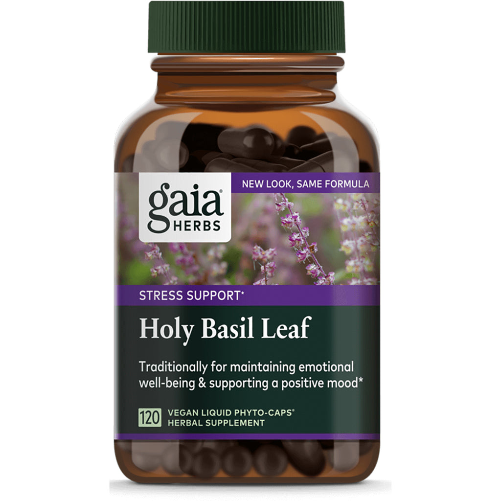 GH088 | Gaia Herbs Holy Basil Leaf supplement bottle, 120 vegan liquid phyto-caps, stress support - Thumbnail
