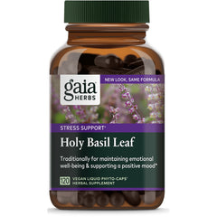 GH088 | Gaia Herbs Holy Basil Leaf supplement bottle, 120 vegan liquid phyto-caps, stress support