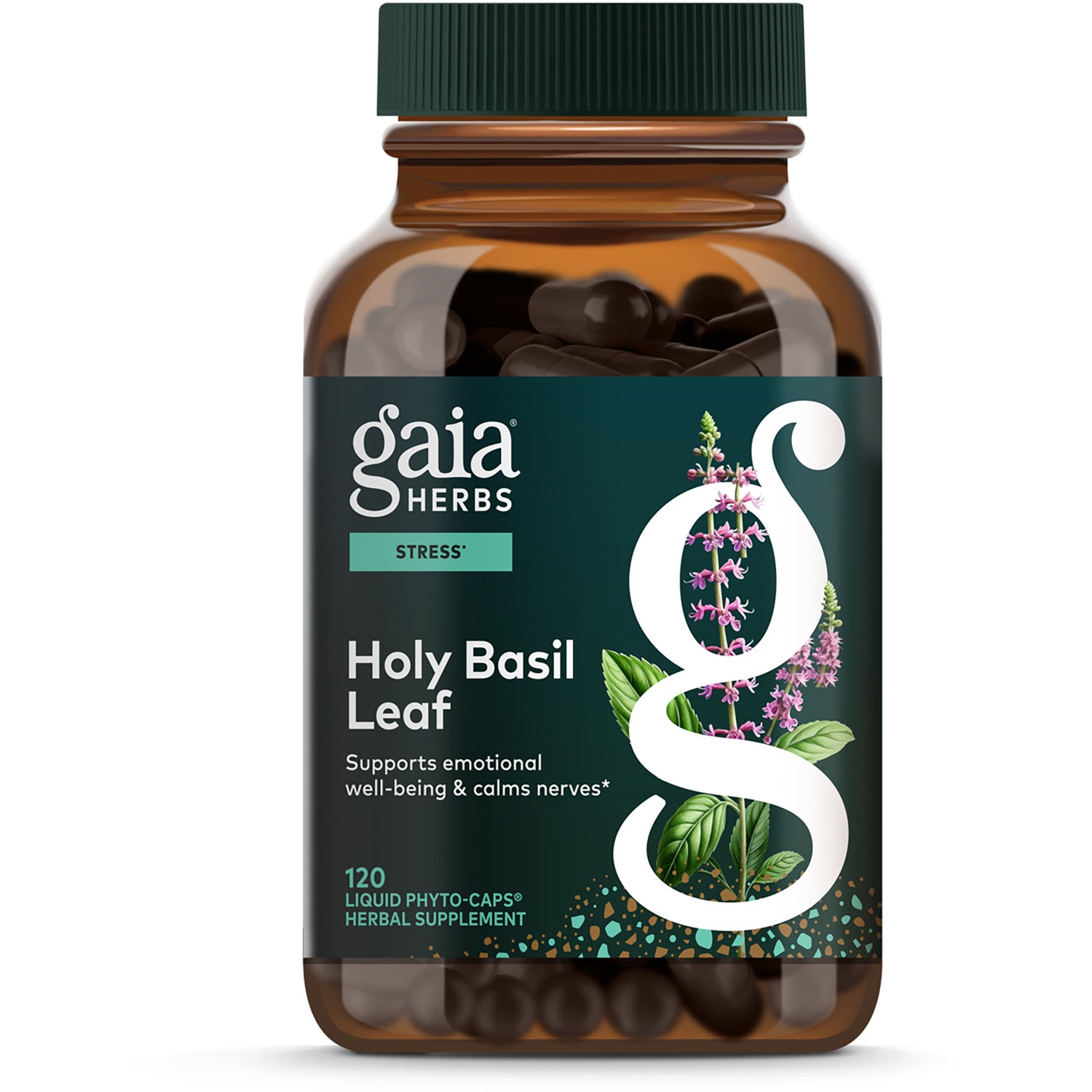 GH088 | Gaia Herbs Holy Basil Leaf supplement bottle, 120 vegan liquid phyto-caps, stress support