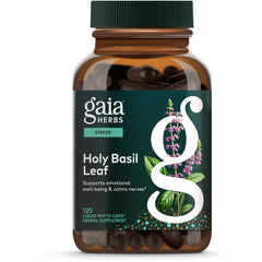 GH088 | Gaia Herbs Holy Basil Leaf supplement bottle, 120 vegan liquid phyto-caps, stress support