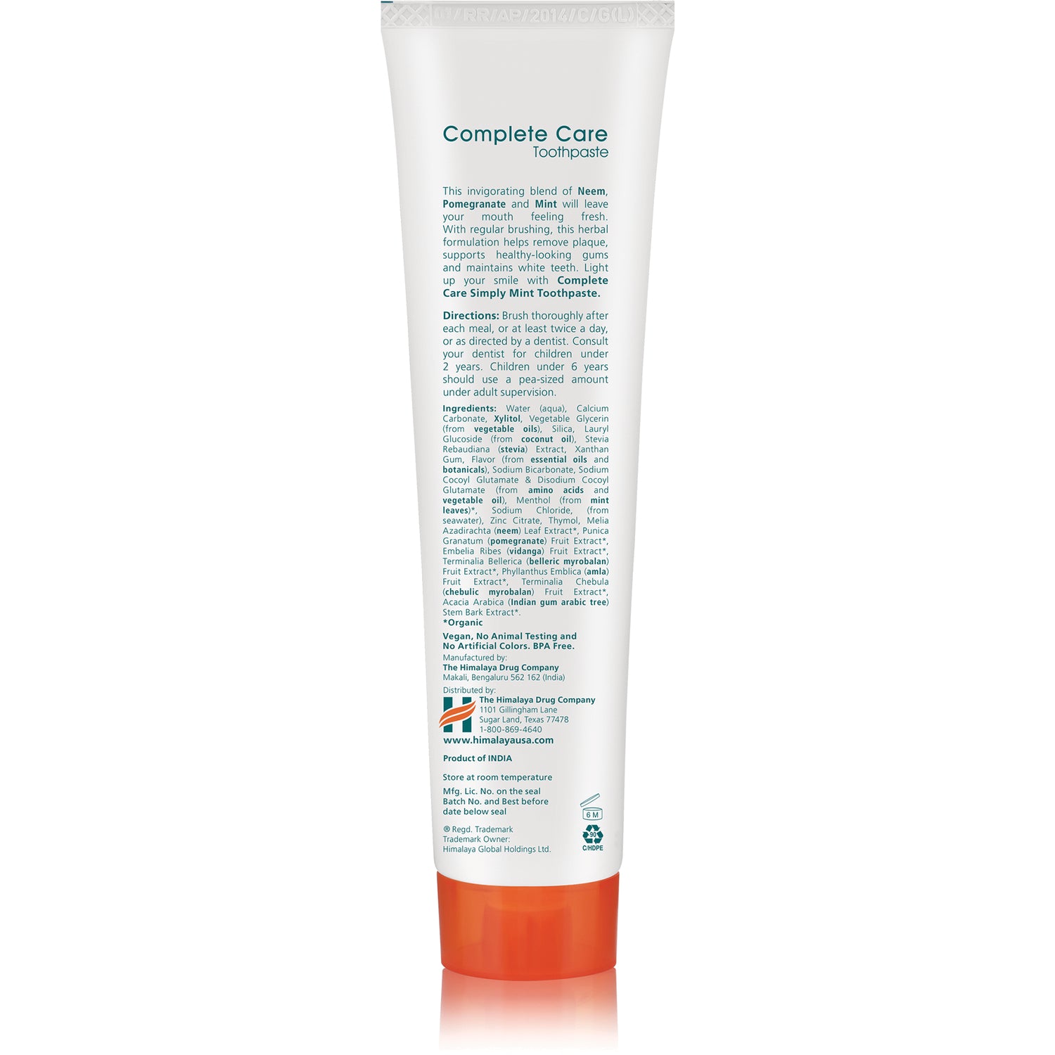 HHH057 | Back of Complete Care toothpaste tube showing ingredients, directions and manufacturer text, orange cap