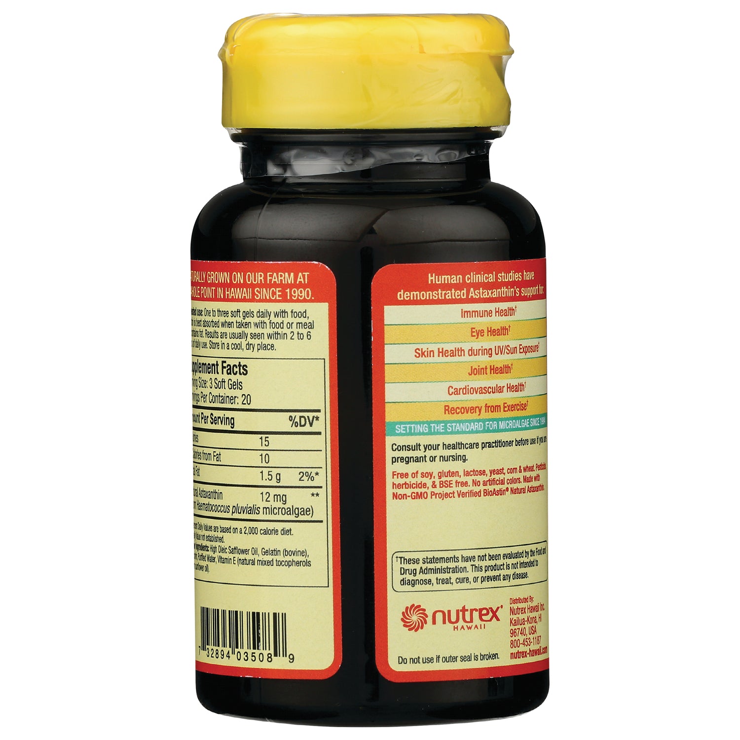 NUT001 | back of dark supplement bottle showing supplement facts panel, warnings, and Nutrex logo