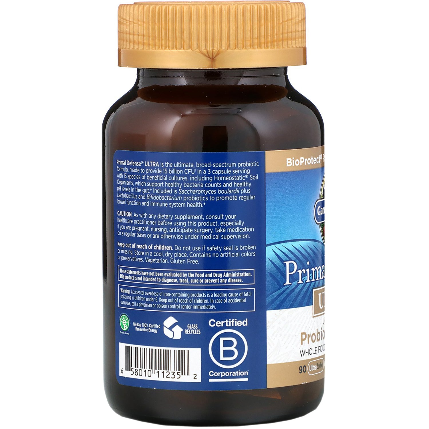 Brown supplement bottle back view showing blue label with ingredient text, barcode and Certified B Corporation logo