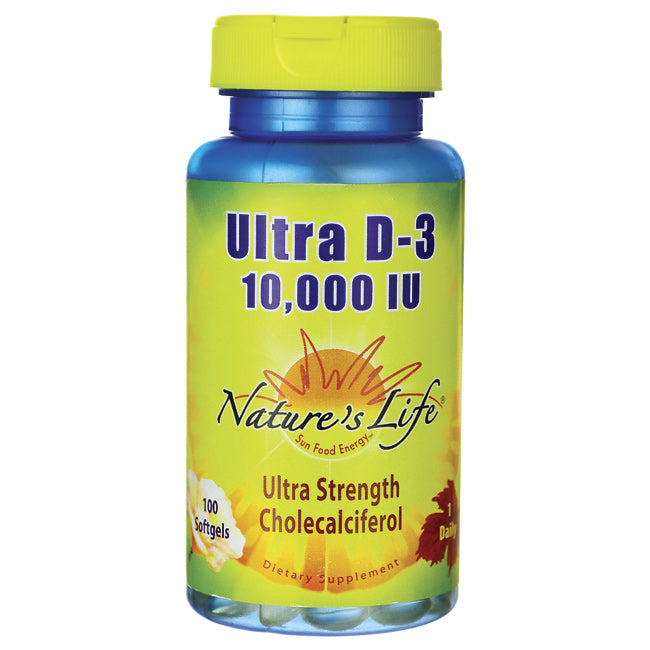 NSL053 | Nature's Life Ultra D-3 10,000 IU ultra strength cholecalciferol softgels bottle, front view