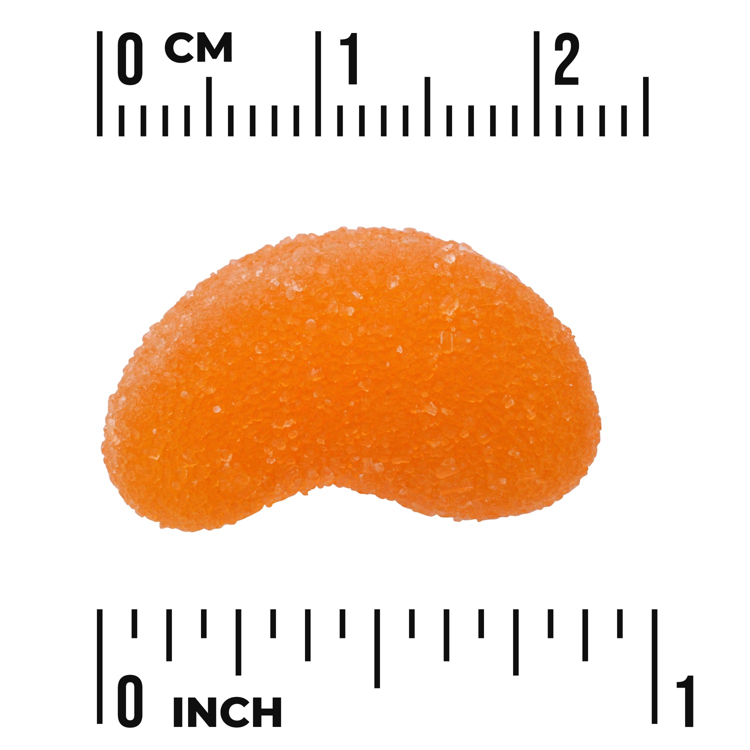 SW1883 | Orange gummy wedge with sugar coating shown next to cm and inch rulers