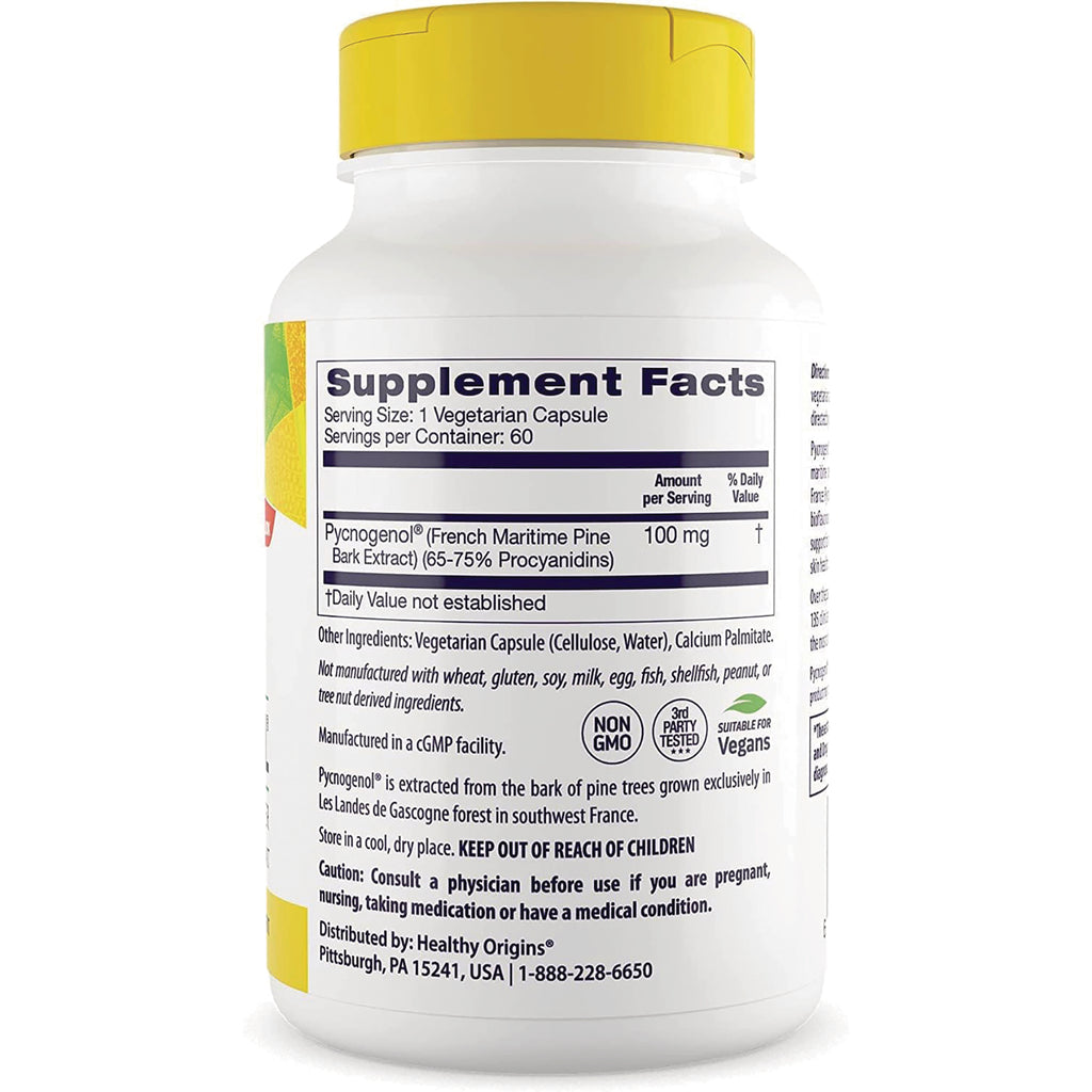 HRG015 | back label showing Supplement Facts and ingredient details for Pycnogenol 100 mg - Thumbnail