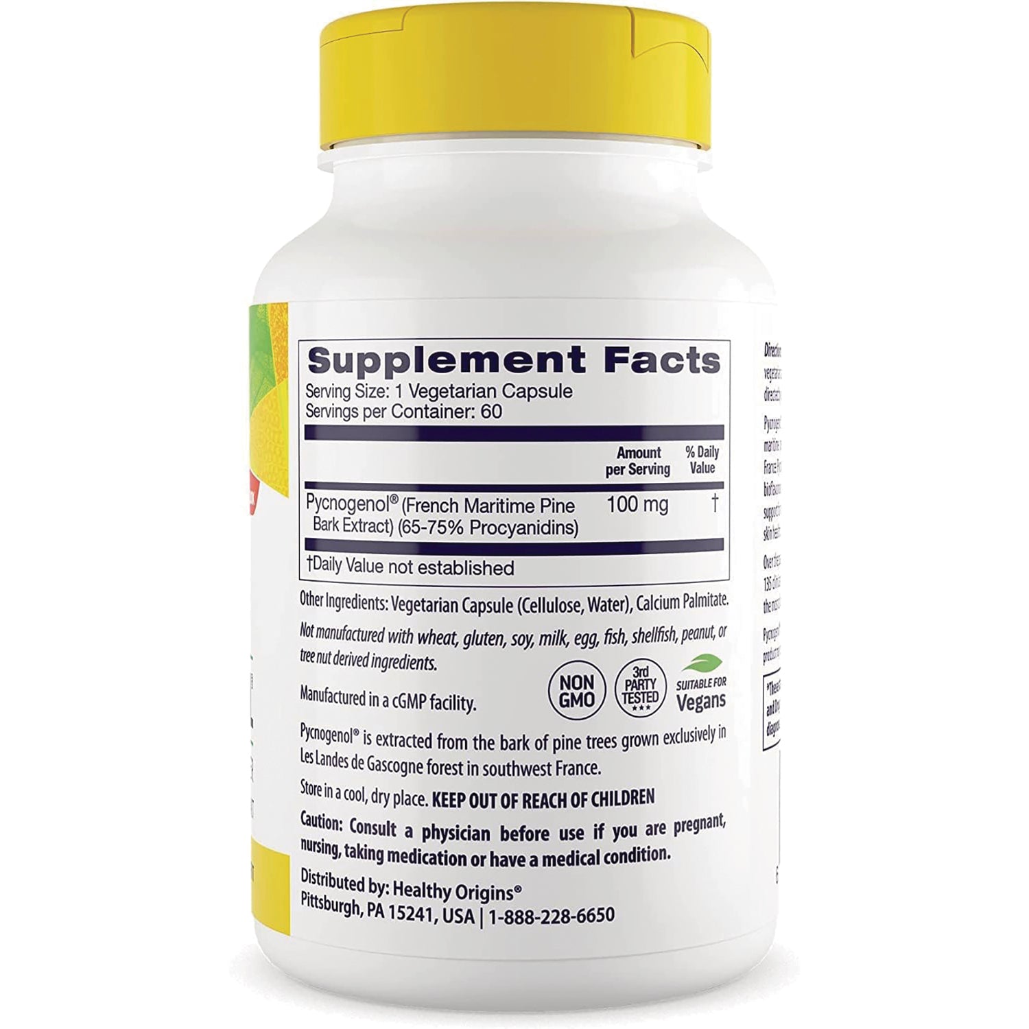 HRG015 | back label showing Supplement Facts and ingredient details for Pycnogenol 100 mg