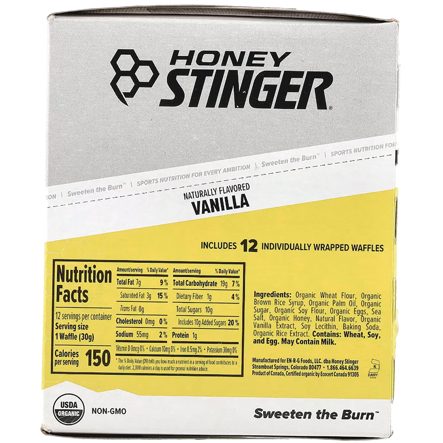 HST067 | Back of Honey Stinger vanilla waffle box showing nutrition facts, ingredients and Includes 12 individually wrapped waffles