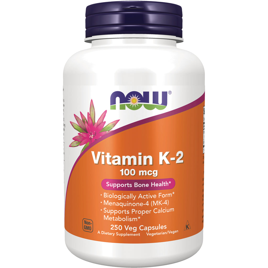 NWF1368 | NOW Vitamin K-2 100 mcg white bottle with orange label, 250 veg capsules - Thumbnail
