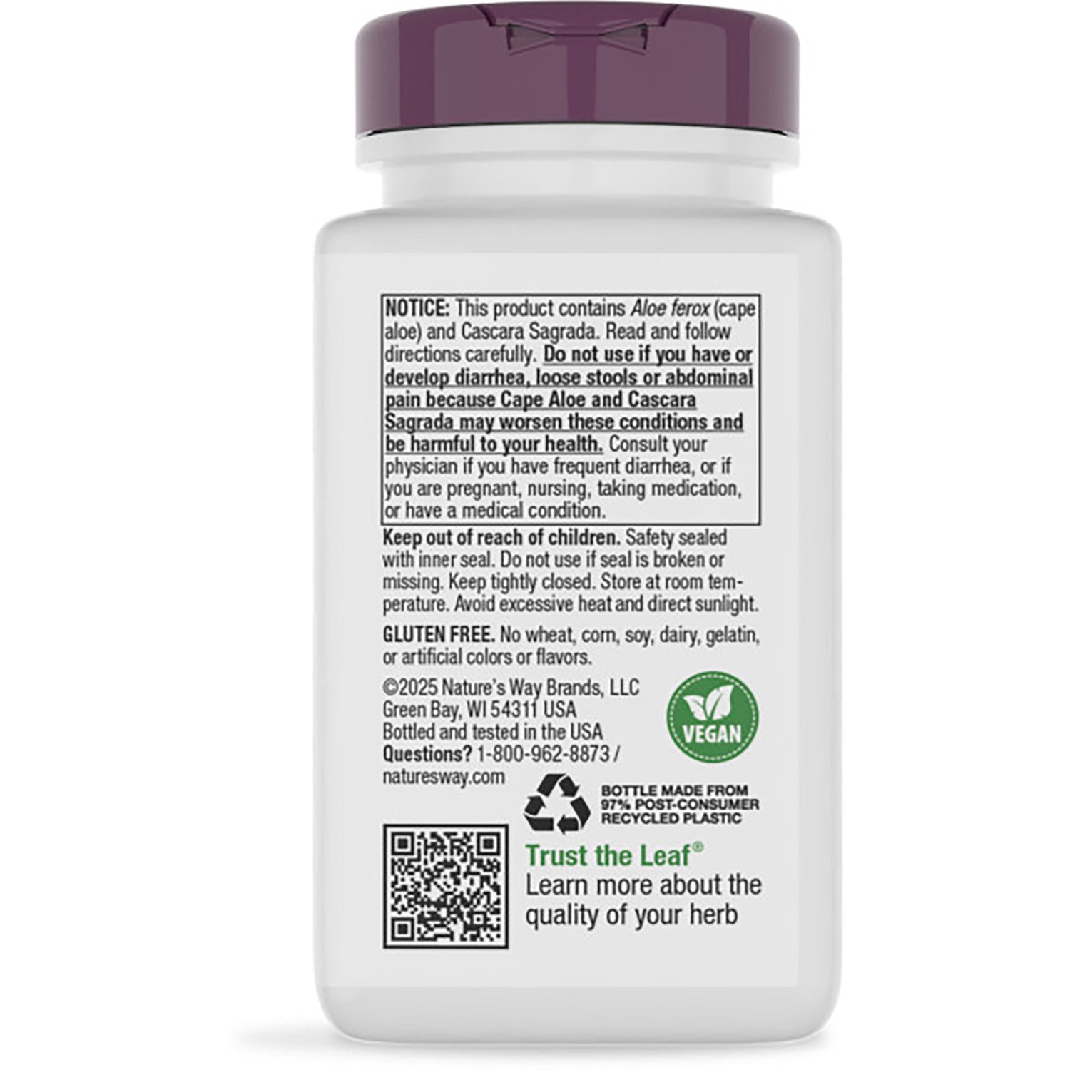 NW714 | back panel reading 4 HERB BLEND FOR OCCASIONAL CONSTIPATION, product description and barcode on white bottle