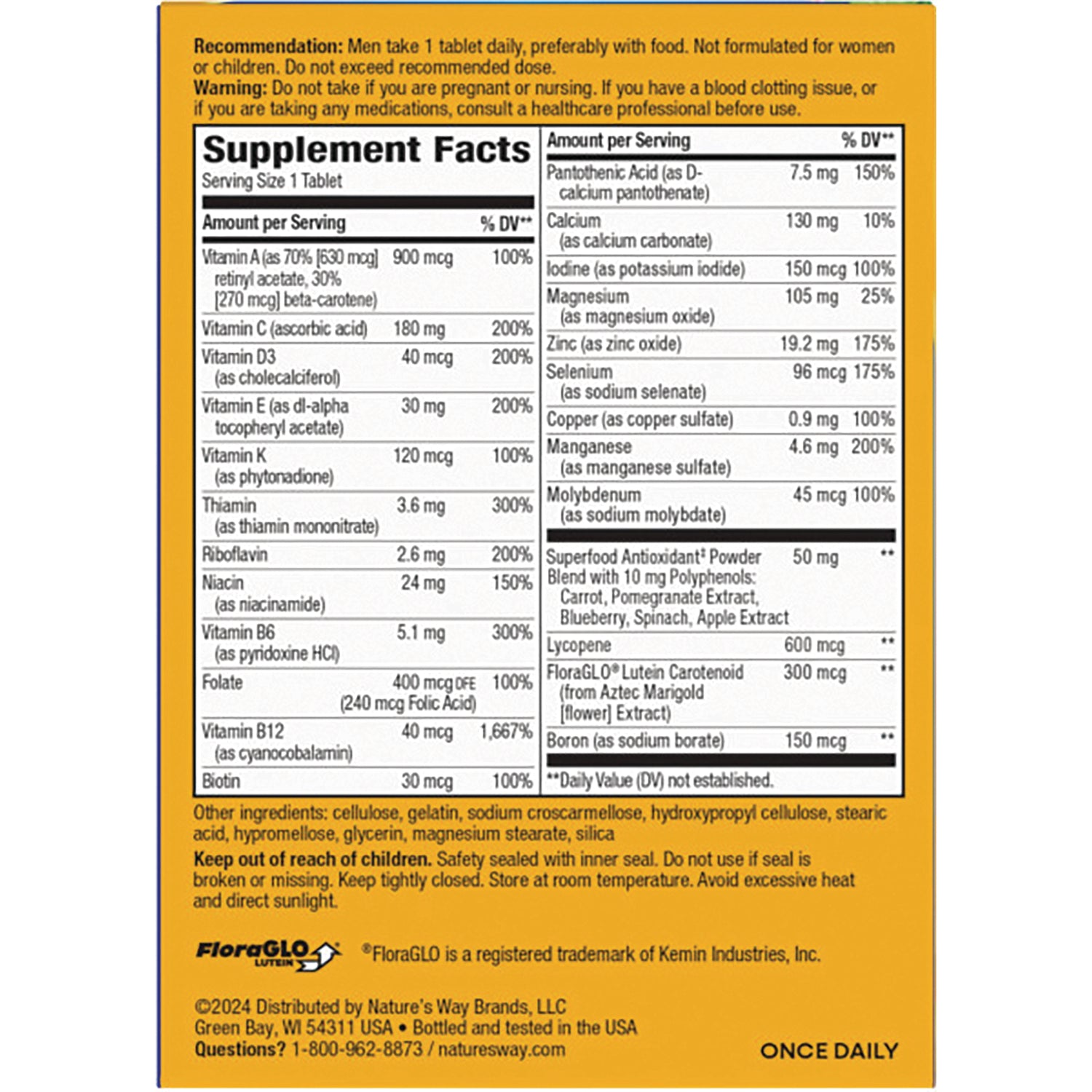 NW1013 | Back panel showing Supplement Facts table, ingredient list, and dosage warnings on yellow multivitamin packaging