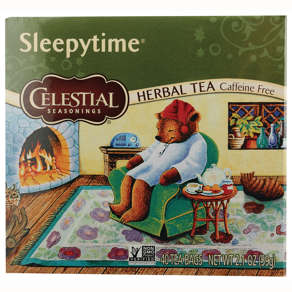 CEL002 | Celestial Sleepytime herbal tea box showing bear in chair by fireplace, 40 tea bags, caffeine free - Thumbnail