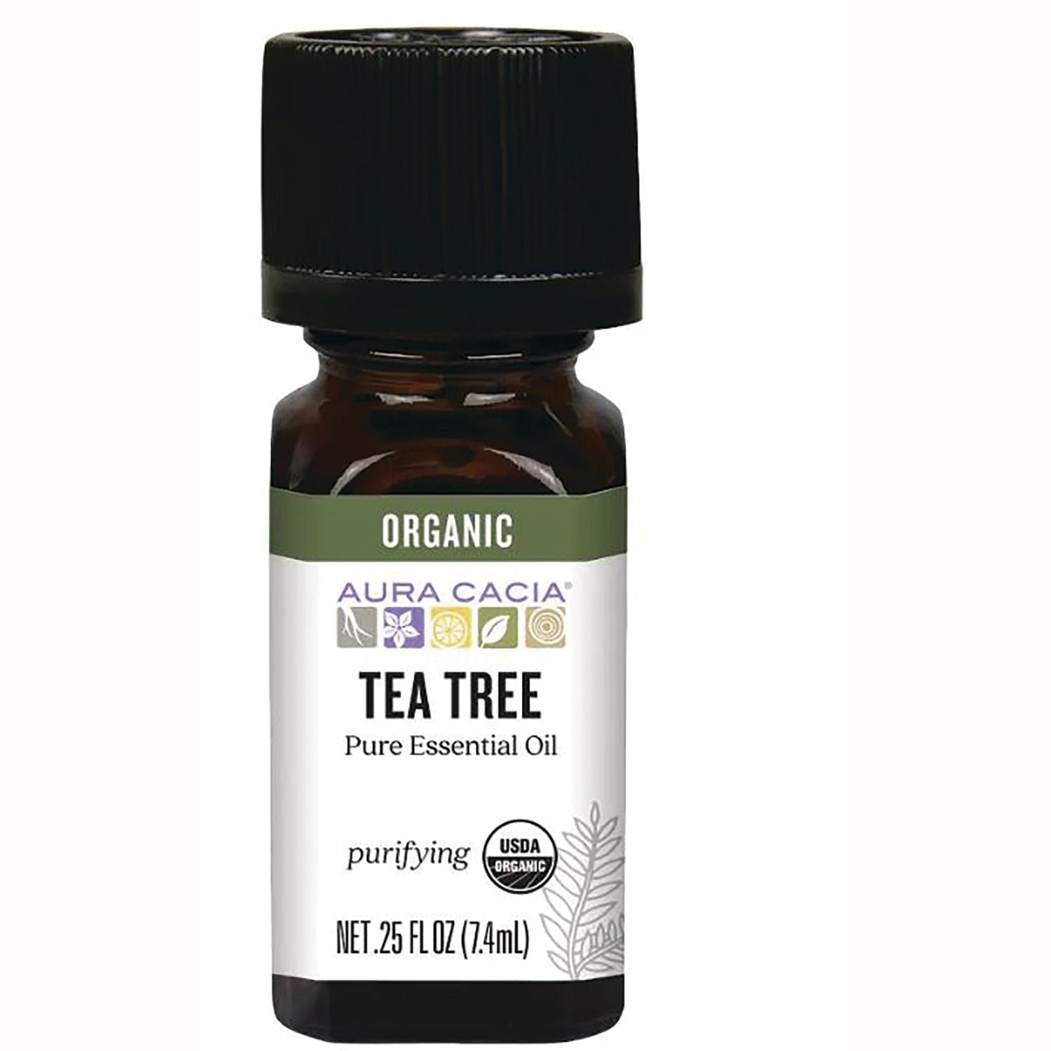 ARC027 | Aura Cacia Tea Tree pure essential oil bottle front label, 0.25 fl oz