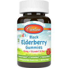 CSN291 | Carlson Kid's Black Elderberry Gummies front label, 50 mg plus Vitamin C & Zinc, 60 vegetarian gummies