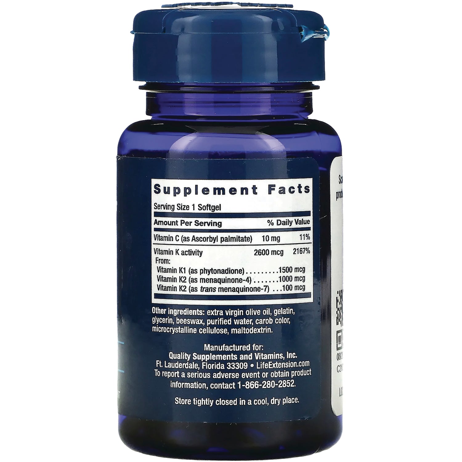 LE472 | Bottle back showing Supplement Facts label with Serving Size 1 Softgel and vitamin K amounts