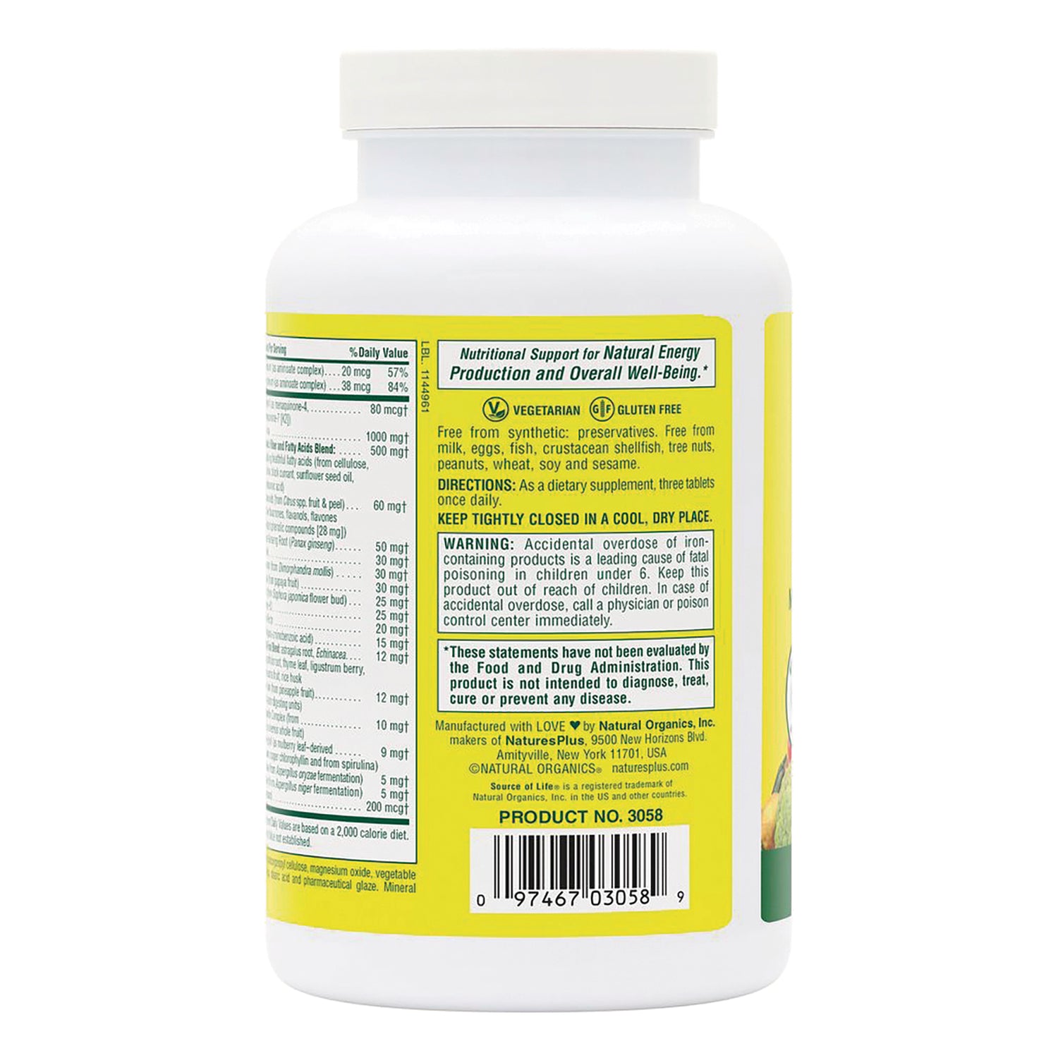NTP041 | Back of white supplement bottle showing nutrition panel, directions, warning text and barcode