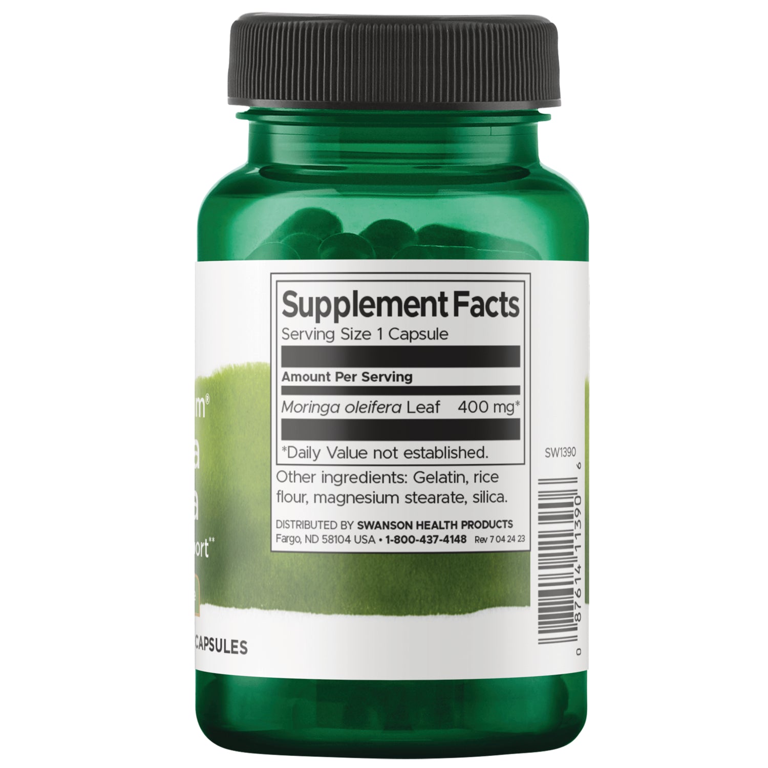 SW1390 | Back label Supplement Facts panel for Moringa oleifera Leaf 400 mg capsules