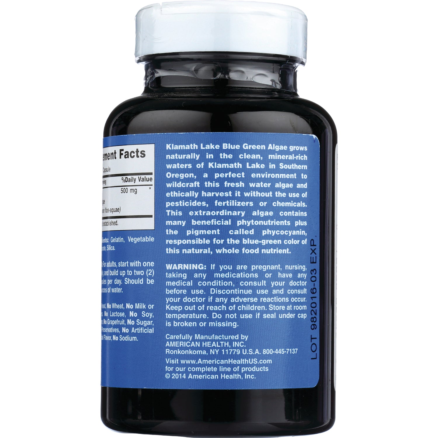 AM127 | Back label with Supplement Facts and warning text on Klamath Lake Blue Green Algae bottle