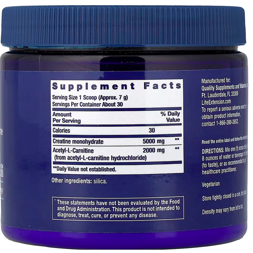 LE592 | Back label with Supplement Facts listing creatine monohydrate 5000 mg, acetyl-L-carnitine 2000 mg, other ingredient silica - Thumbnail